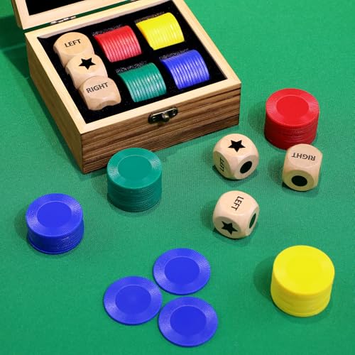 Pagather Fun Left Right Roll Dice Game Set - Wooden Dice & 48 Chips in Wooden Box, Portable Travel Game