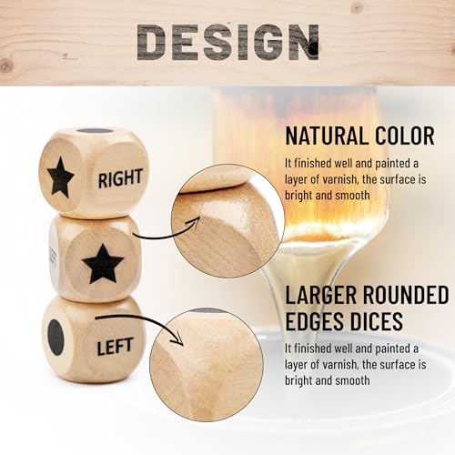 Pagather Fun Left Right Roll Dice Game Set - Wooden Dice & 48 Chips in Wooden Box, Portable Travel Game
