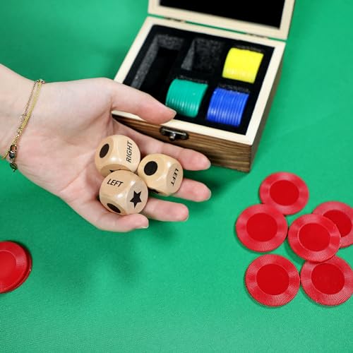 Pagather Fun Left Right Roll Dice Game Set - Wooden Dice & 48 Chips in Wooden Box, Portable Travel Game