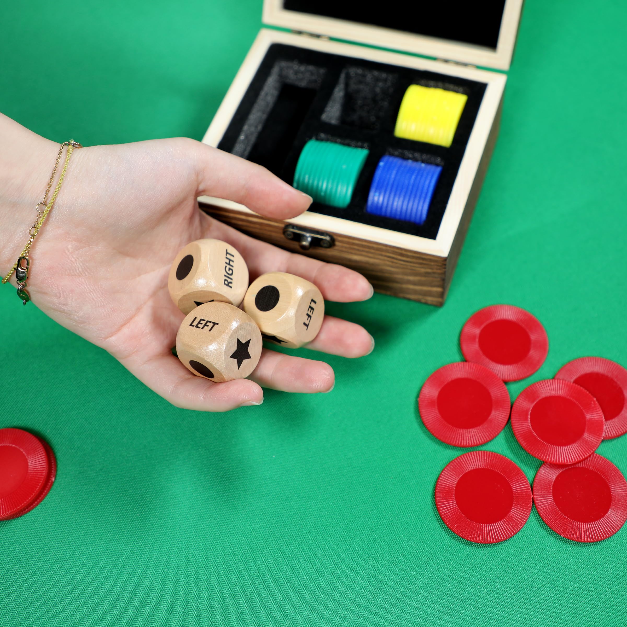 Pagather Fun Left Right Roll Dice Game Set - Wooden Dice & 48 Chips in Wooden Box, Portable Travel Game