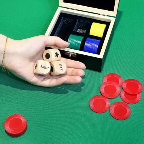 Pagather Left Right Roll Dice Game Set – Wooden Box, 3 Dice & 48 Chips for Travel & Family Fun