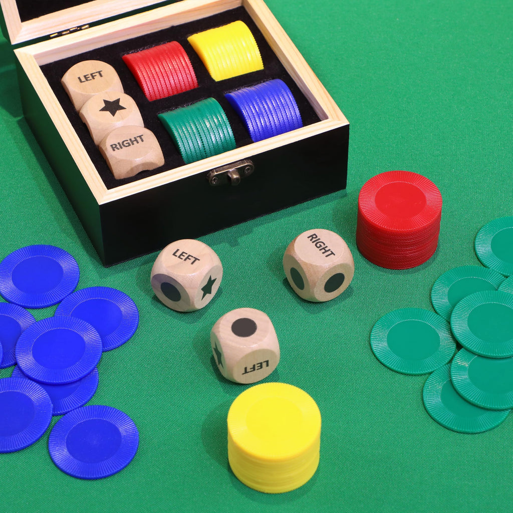 Pagather Left Right Roll Dice Game Set – Wooden Box, 3 Dice & 48 Chips for Travel & Family Fun