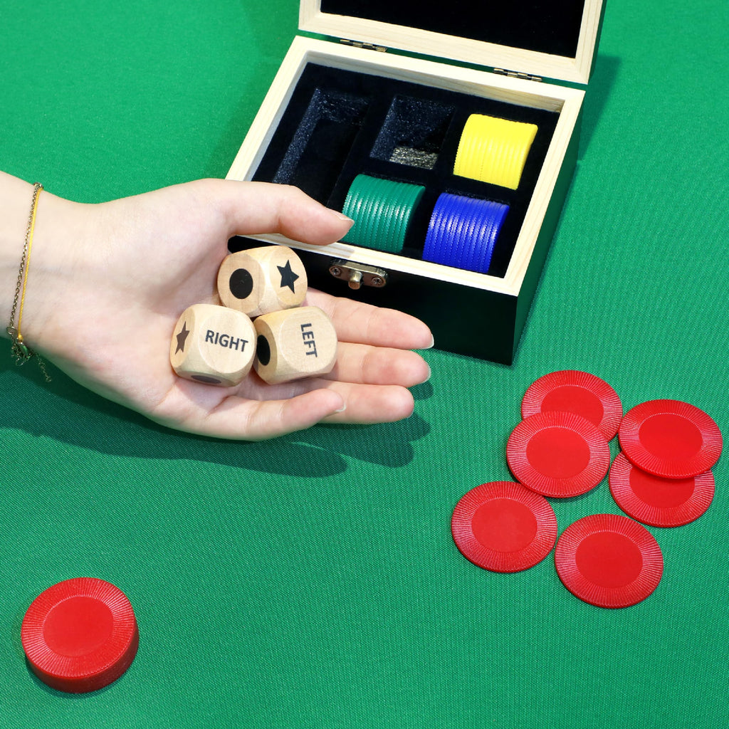 Pagather Left Right Roll Dice Game Set – Wooden Box, 3 Dice & 48 Chips for Travel & Family Fun