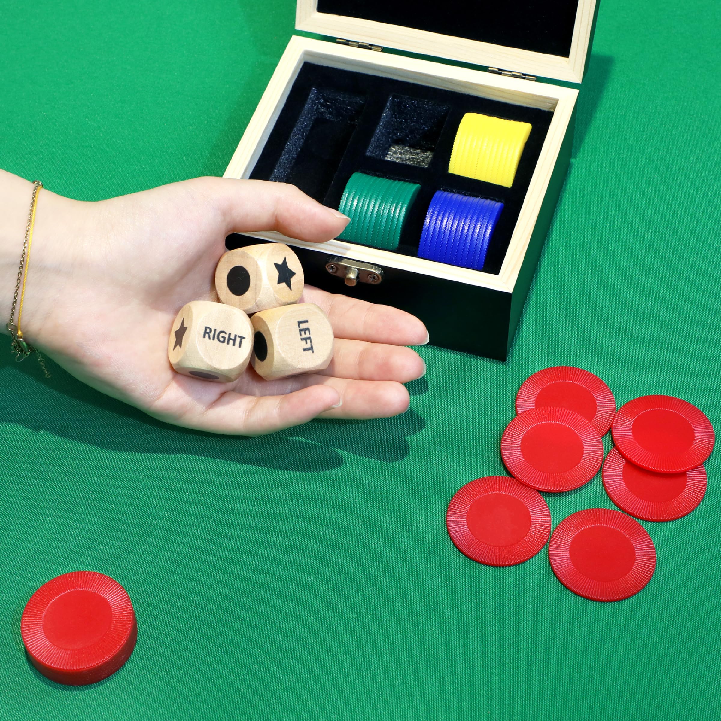 Pagather Left Right Roll Dice Game Set – Wooden Box, 3 Dice & 48 Chips for Travel & Family Fun