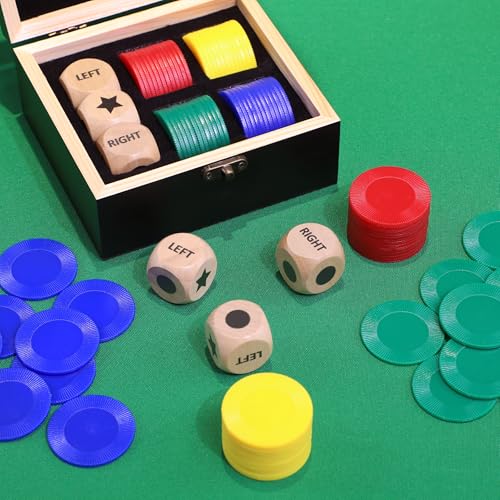 Pagather Left Right Roll Dice Game Set – Wooden Box, 3 Dice & 48 Chips for Travel & Family Fun