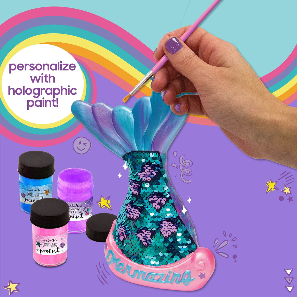 Paint Your Own Mermaid Coin Bank by Just My Style - Blue, with Metallic Paints & Sequin Decal