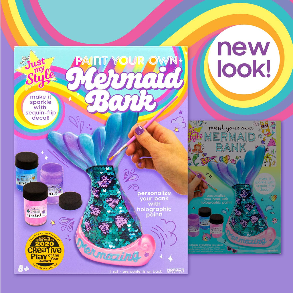 Paint Your Own Mermaid Coin Bank by Just My Style - Blue, with Metallic Paints & Sequin Decal