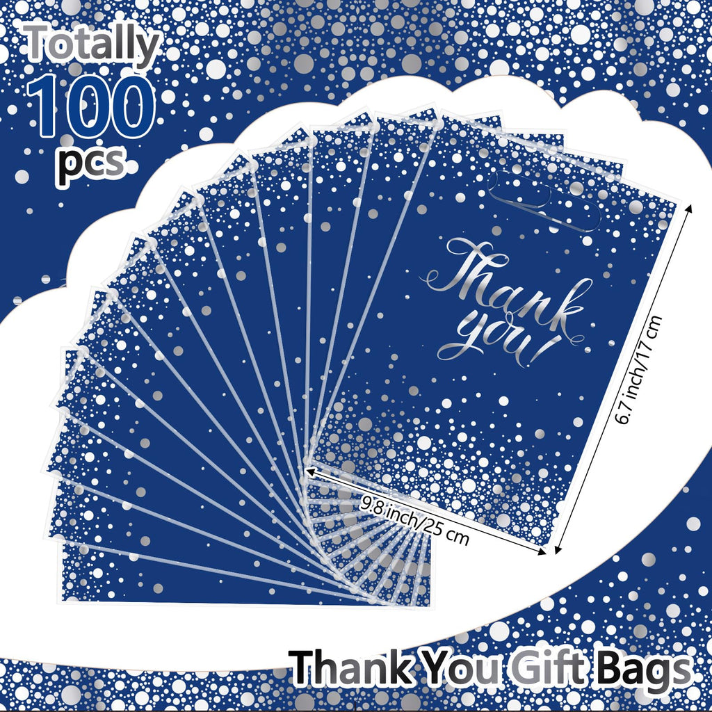 Pajean 100-Pack Blue Silver Thank You Plastic Gift Bags with Handles, 6.7 x 9.8 Inches, Polka Dots
