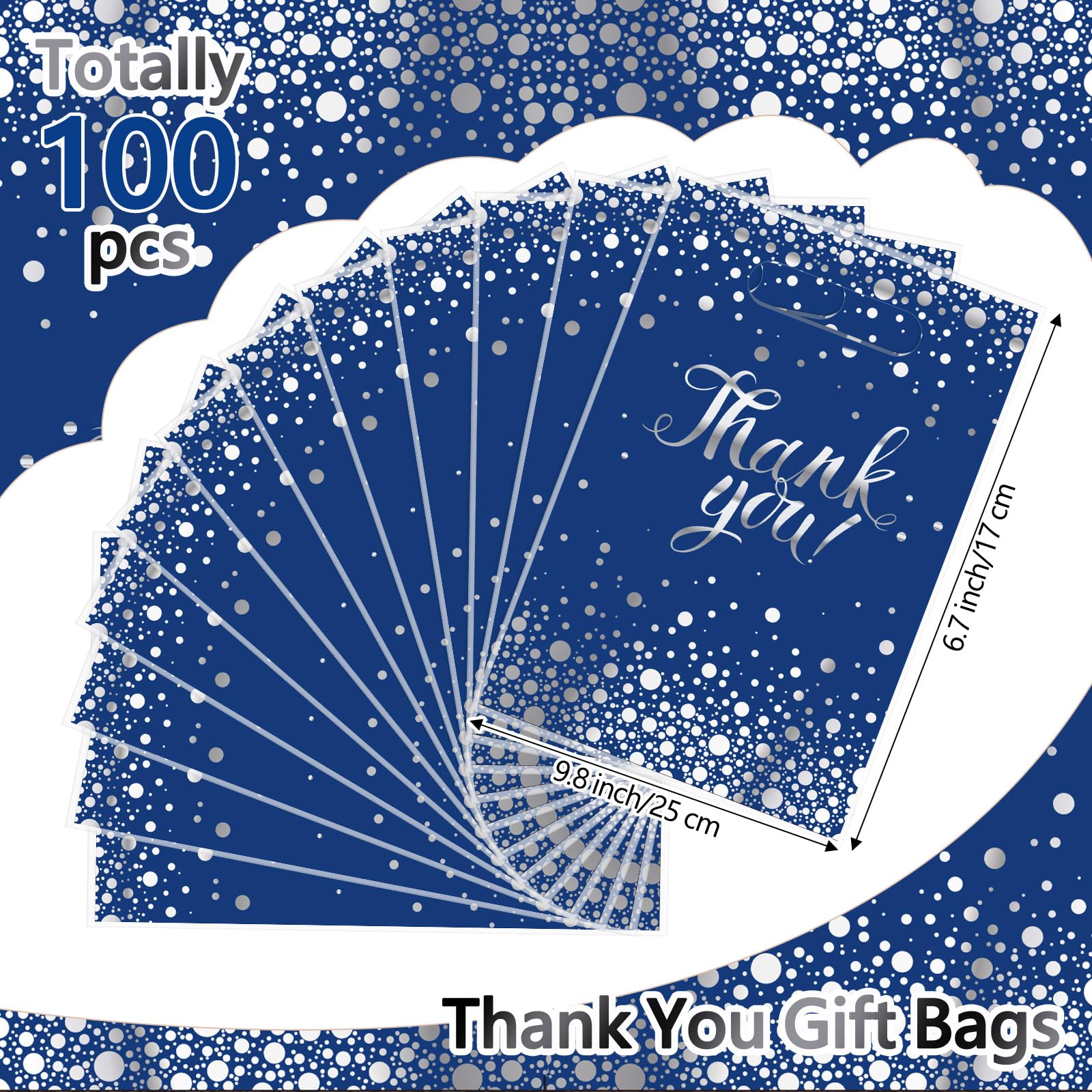 Pajean 100-Pack Blue Silver Thank You Plastic Gift Bags with Handles, 6.7 x 9.8 Inches, Polka Dots