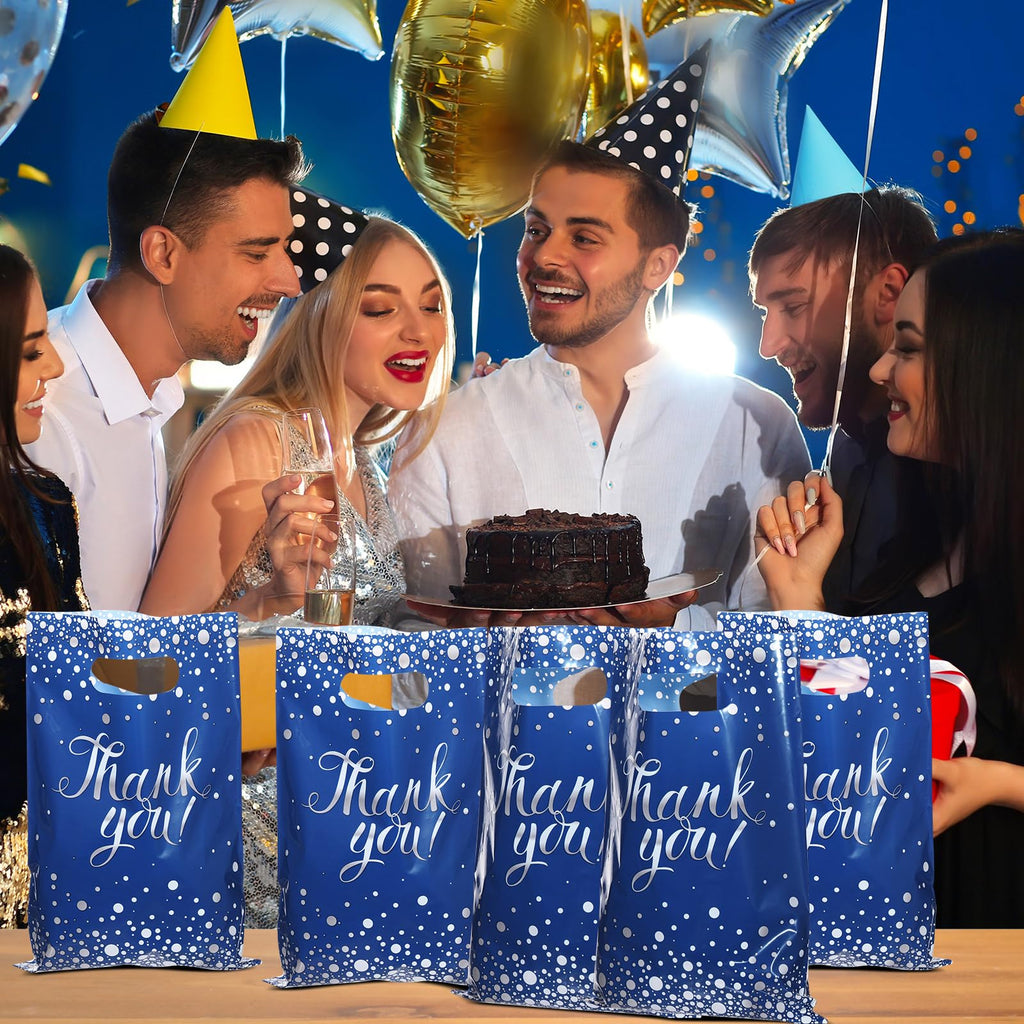 Pajean 100-Pack Blue Silver Thank You Plastic Gift Bags with Handles, 6.7 x 9.8 Inches, Polka Dots