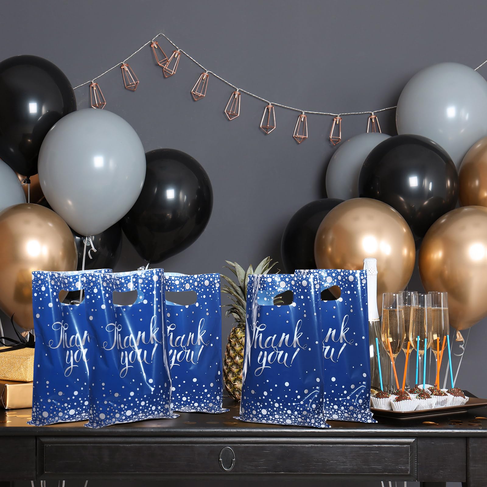 Pajean 100-Pack Blue Silver Thank You Plastic Gift Bags with Handles, 6.7 x 9.8 Inches, Polka Dots