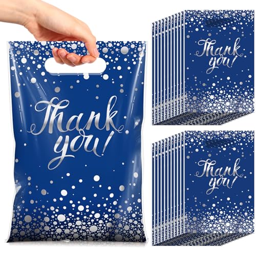 Pajean 100-Pack Blue Silver Thank You Plastic Gift Bags with Handles, 6.7 x 9.8 Inches, Polka Dots