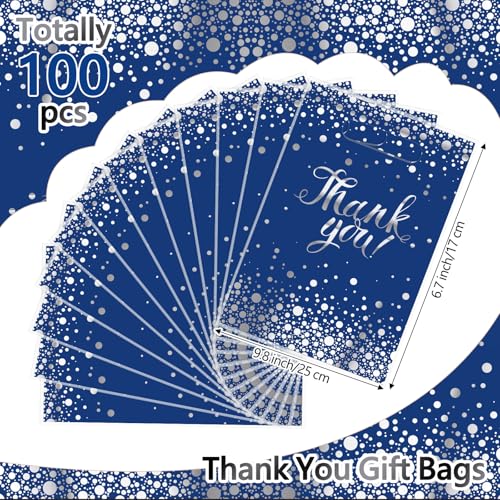 Pajean 100-Pack Blue Silver Thank You Plastic Gift Bags with Handles, 6.7 x 9.8 Inches, Polka Dots