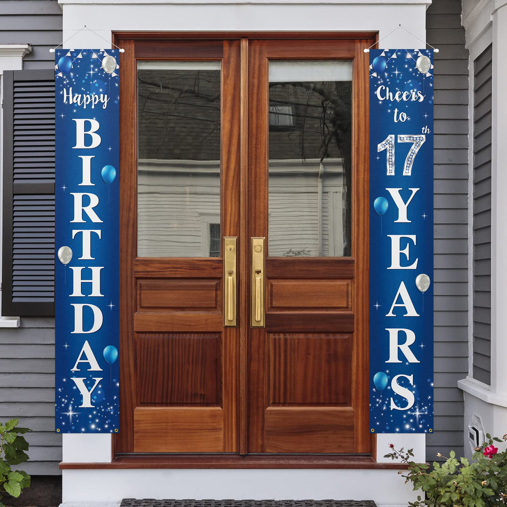 PAKBOOM Happy 17th Birthday Banner - 1x5.9 ft Blue Yard Sign Door Banner for 17th Birthday Party Decorations