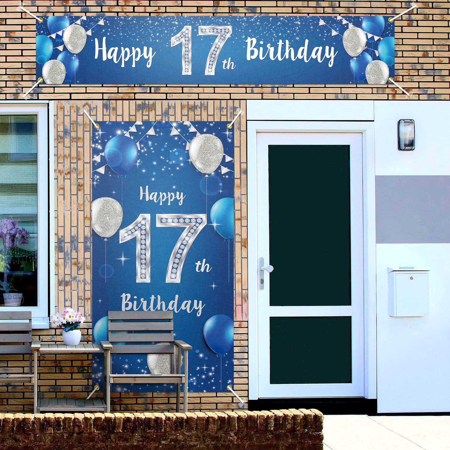 PAKBOOM Happy 17th Birthday Door Cover & Porch Banner Set, Blue – 2-Piece Polyester Party Decorations for Men
