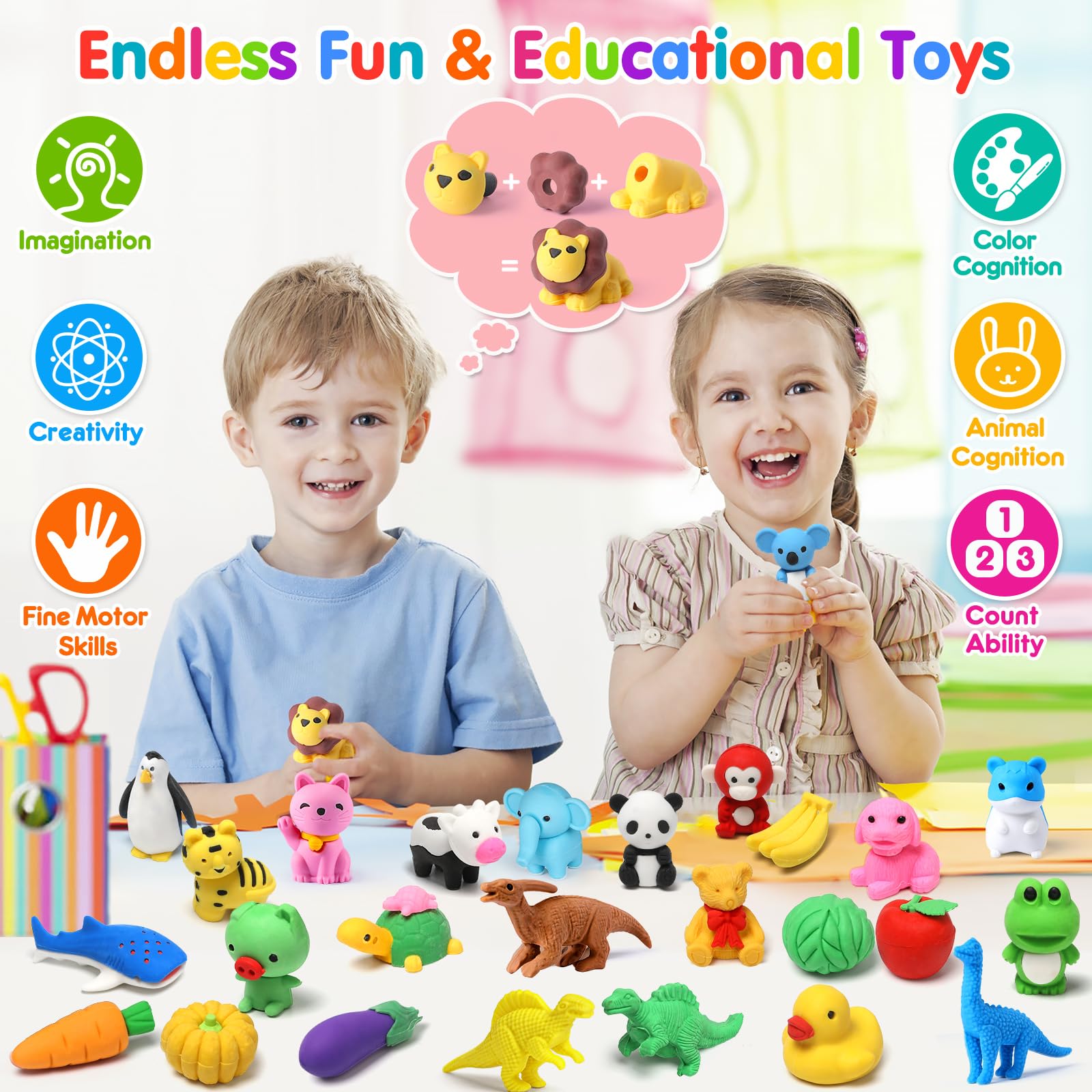 Palmatte 40-Mini Animal Erasers Set – Bulk Desk Pets, Classroom Rewards, and Party Favor Fillers