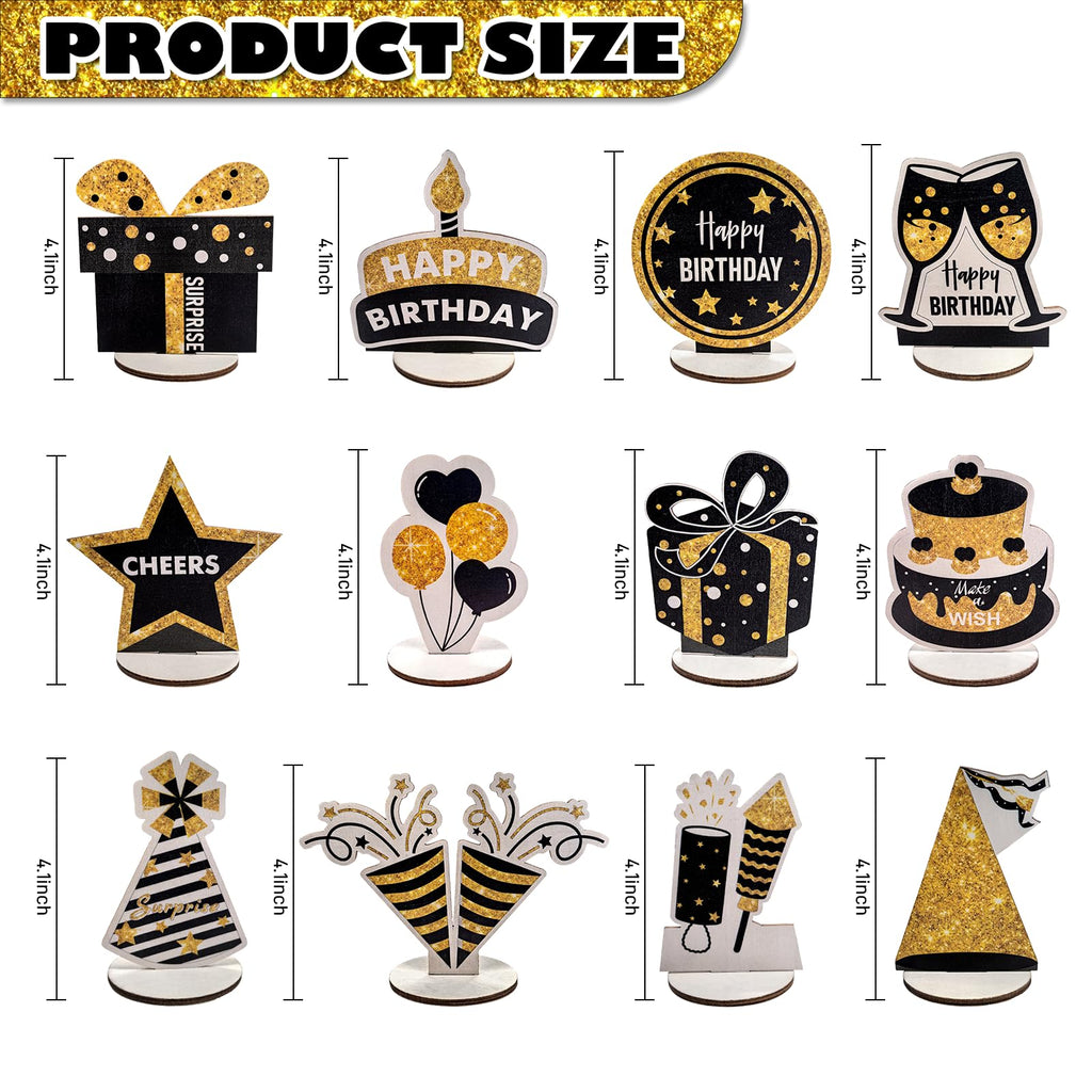 PAMBO Black & Gold Wooden Glitter Birthday Table Decorations - 12-Piece Set