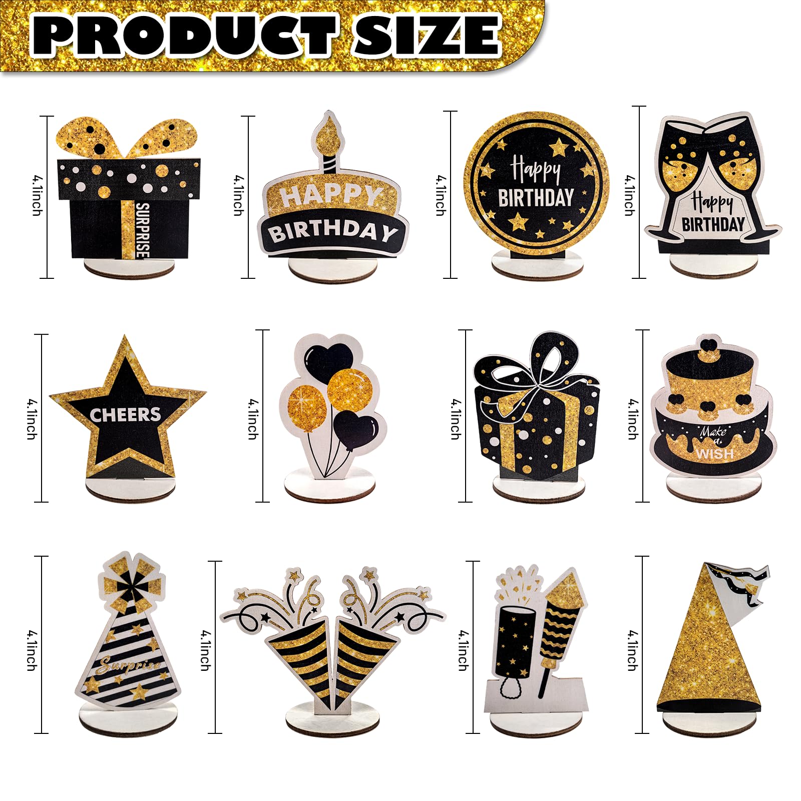 PAMBO Black & Gold Wooden Glitter Birthday Table Decorations - 12-Piece Set