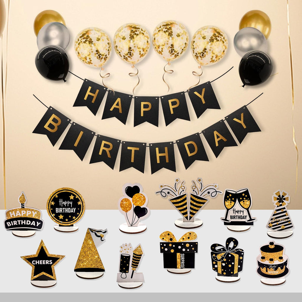 PAMBO Black & Gold Wooden Glitter Birthday Table Decorations - 12-Piece Set