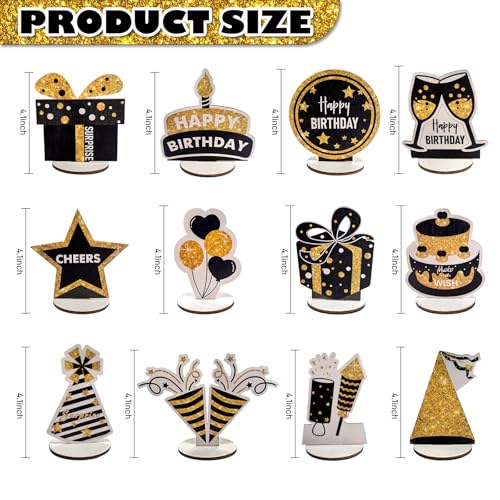 PAMBO Black & Gold Wooden Glitter Birthday Table Decorations - 12-Piece Set
