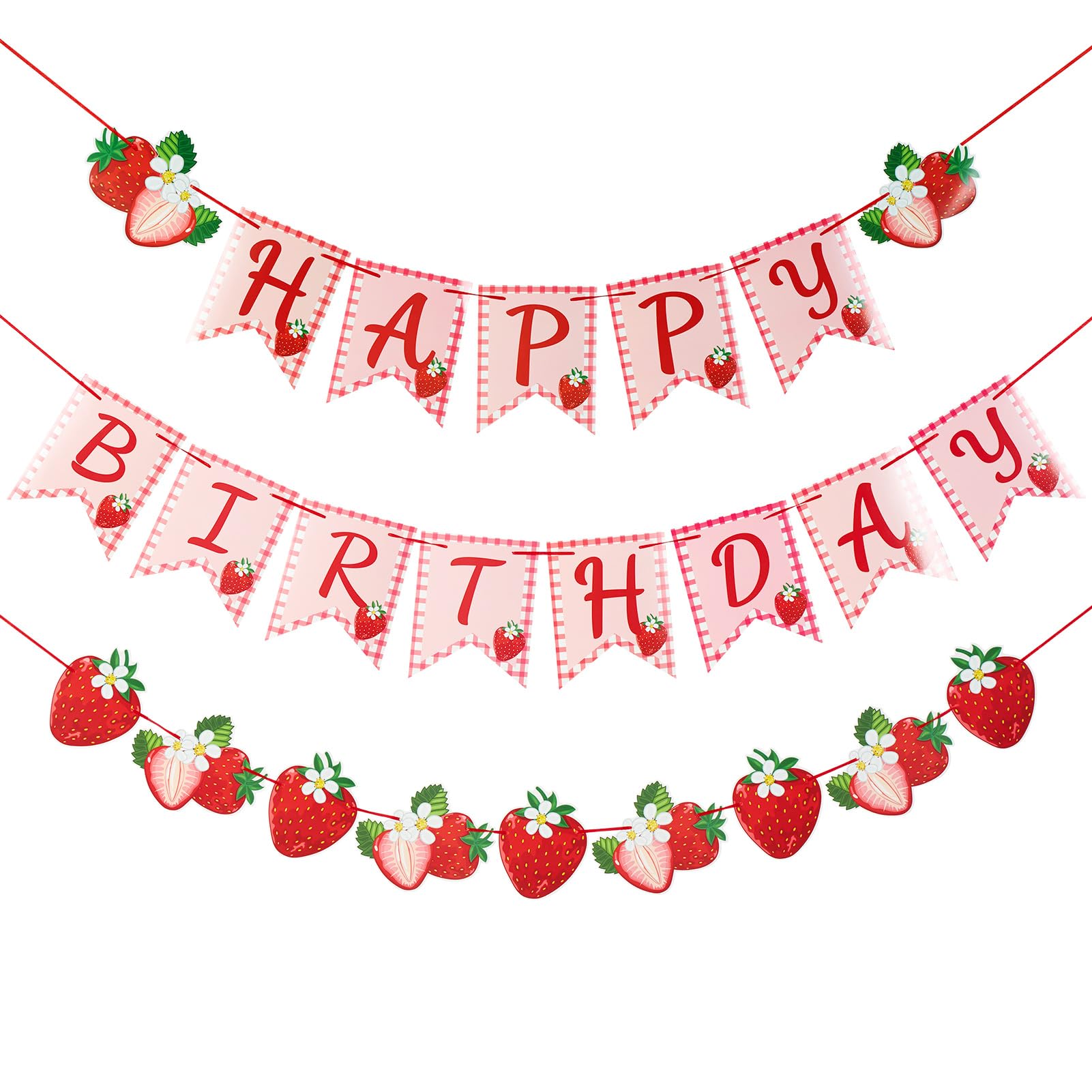 PAPER JAZZ Strawberry Hanging Banner – Red Berry First Birthday Party Decorations with Pre-Strung Letter Cards