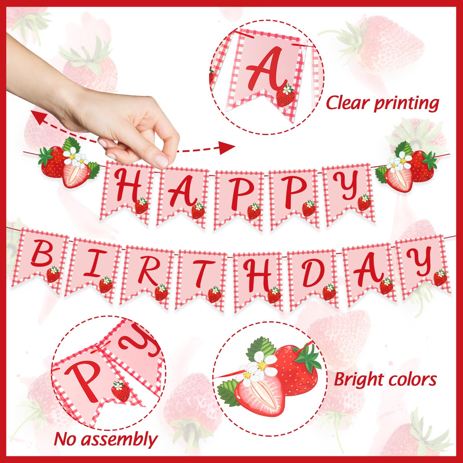 PAPER JAZZ Strawberry Hanging Banner – Red Berry First Birthday Party Decorations with Pre-Strung Letter Cards