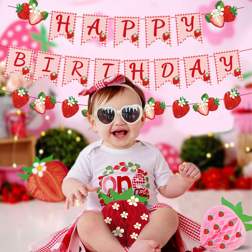 PAPER JAZZ Strawberry Hanging Banner – Red Berry First Birthday Party Decorations with Pre-Strung Letter Cards