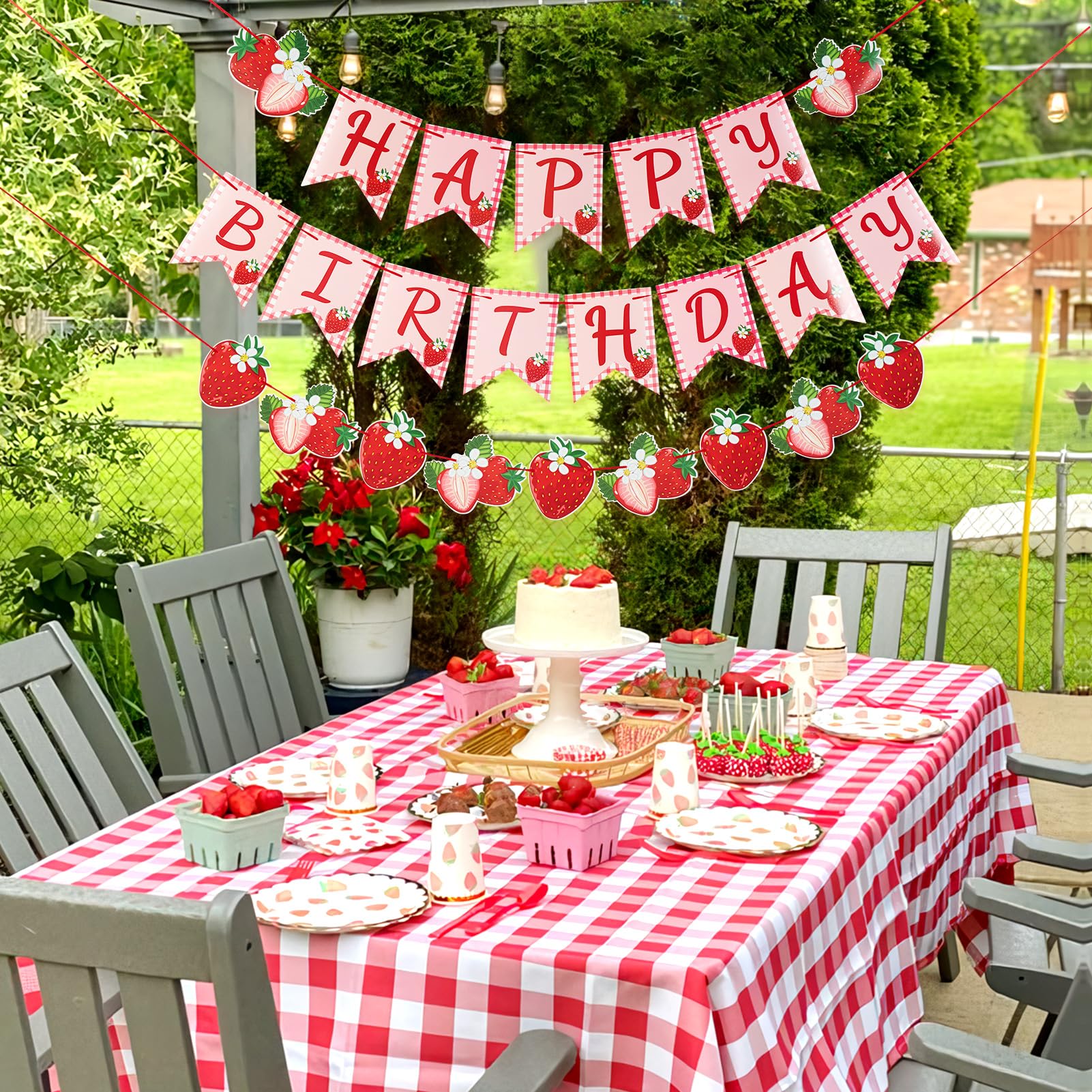PAPER JAZZ Strawberry Hanging Banner – Red Berry First Birthday Party Decorations with Pre-Strung Letter Cards