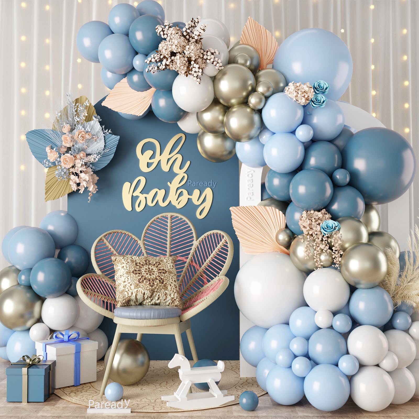 Paready 120-Piece Dusty Blue & White Balloon Arch Kit – Metallic Sand Gold Accents for Baby Shower, Birthday, Wedding Decor