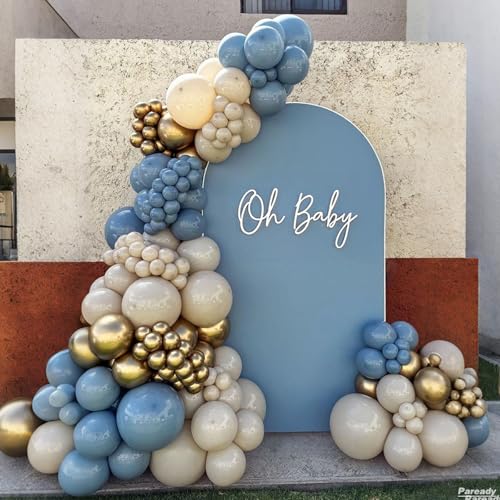 Paready 120-Piece Dusty Blue & White Balloon Arch Kit – Metallic Sand Gold Accents for Baby Shower, Birthday, Wedding Decor