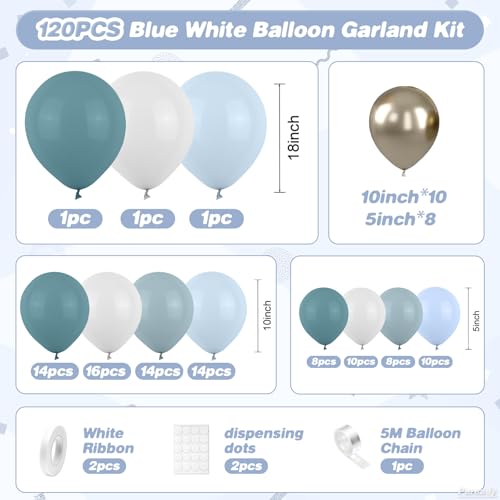 Paready 120-Piece Dusty Blue & White Balloon Arch Kit – Metallic Sand Gold Accents for Baby Shower, Birthday, Wedding Decor