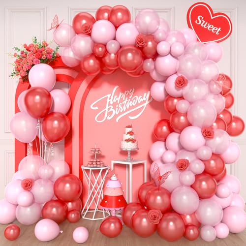 Paready 120-Piece Red and Pink Balloon Arch Kit - Pastel Pearl Latex Balloons for Valentine's Day, Birthday, Baby Shower Decorations