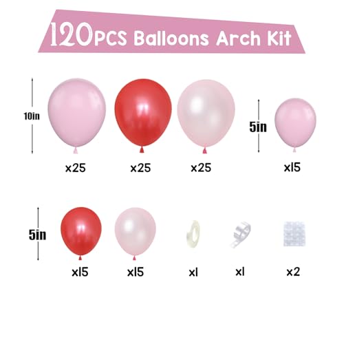 Paready 120-Piece Red and Pink Balloon Arch Kit - Pastel Pearl Latex Balloons for Valentine's Day, Birthday, Baby Shower Decorations