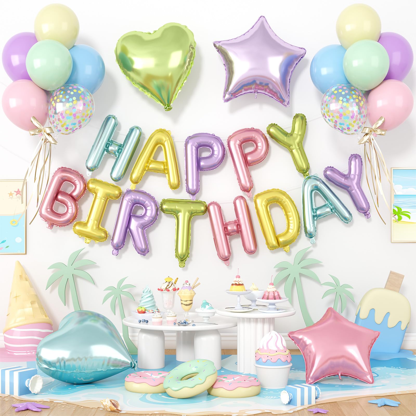 Paready 29-Piece Pastel Happy Birthday Balloon Set with 3D Aluminum Banner and Foil Balloons