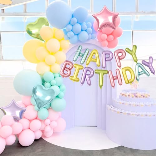 Paready 29-Piece Pastel Happy Birthday Balloon Set with 3D Aluminum Banner and Foil Balloons