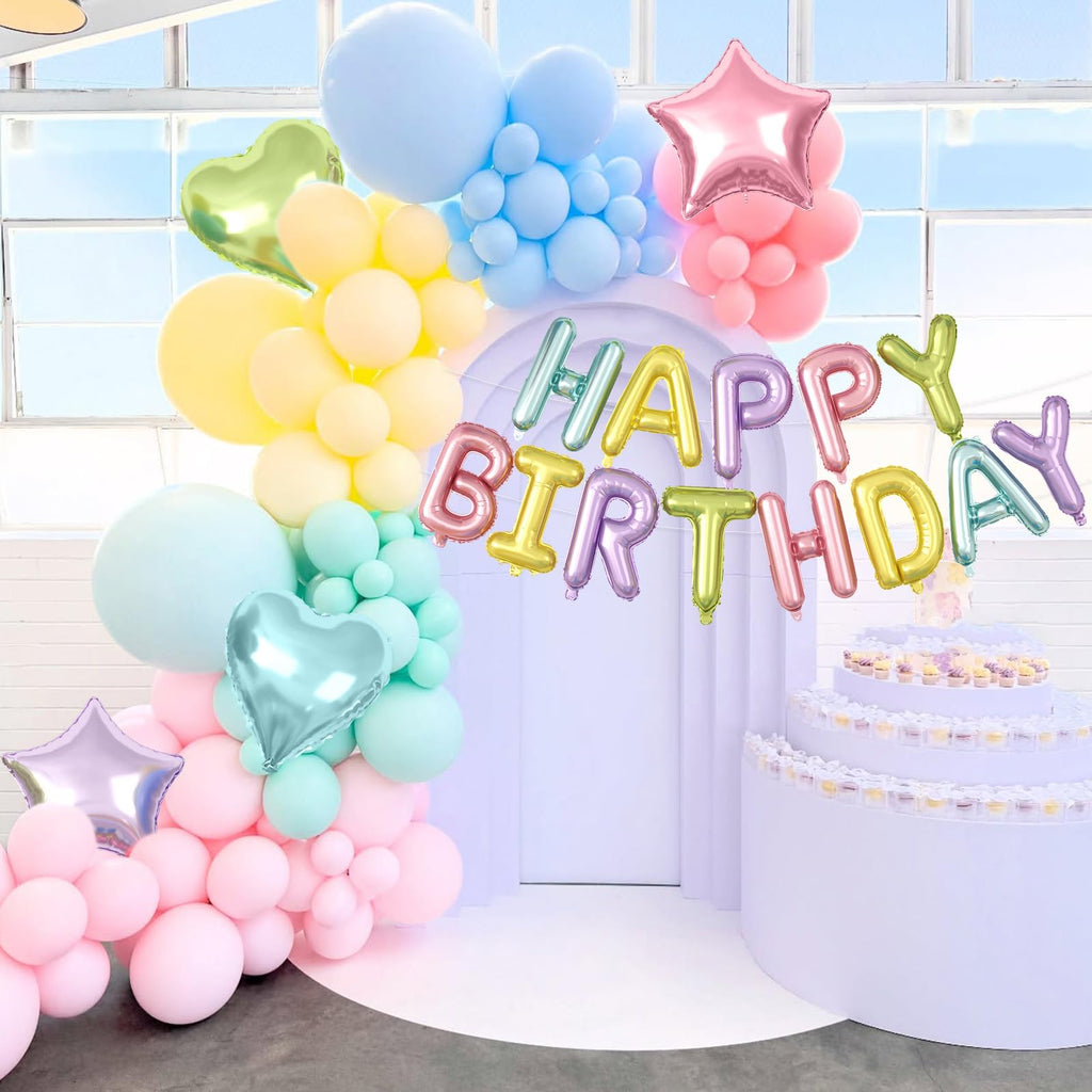 Paready 29-Piece Pastel Happy Birthday Balloon Set with 3D Aluminum Banner and Foil Balloons