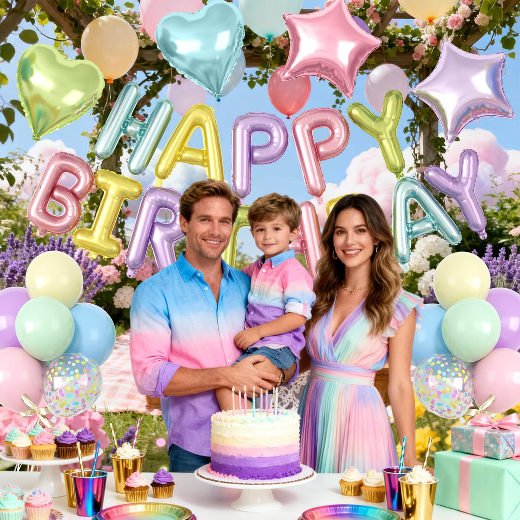 Paready 29-Piece Pastel Happy Birthday Balloon Set with 3D Aluminum Banner and Foil Balloons