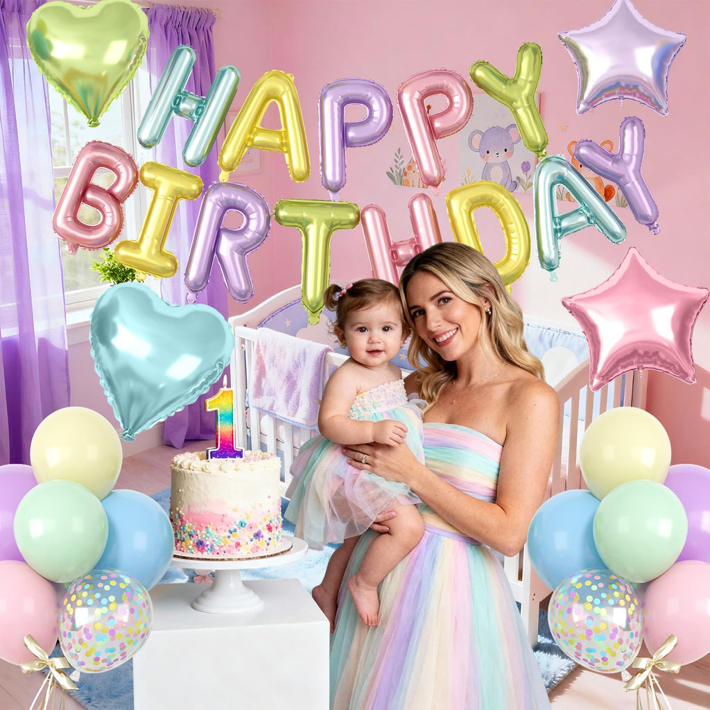 Paready 29-Piece Pastel Happy Birthday Balloon Set with 3D Aluminum Banner and Foil Balloons
