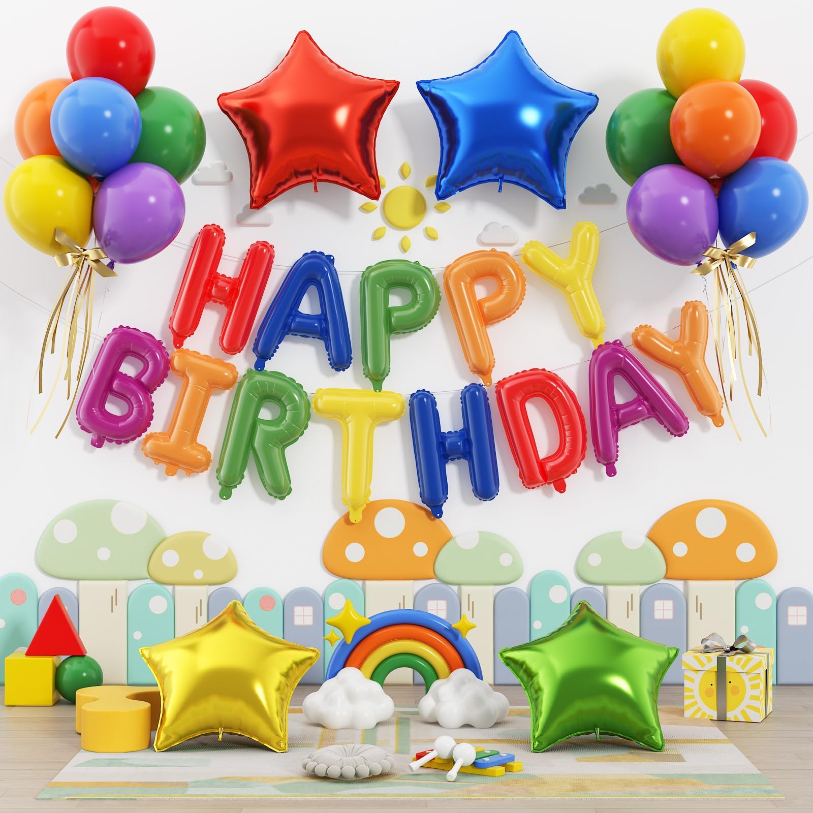 Paready 29-Piece Rainbow Happy Birthday Balloon Set – Foil Banner, Star Balloons & Latex Balloons for Party Decorations