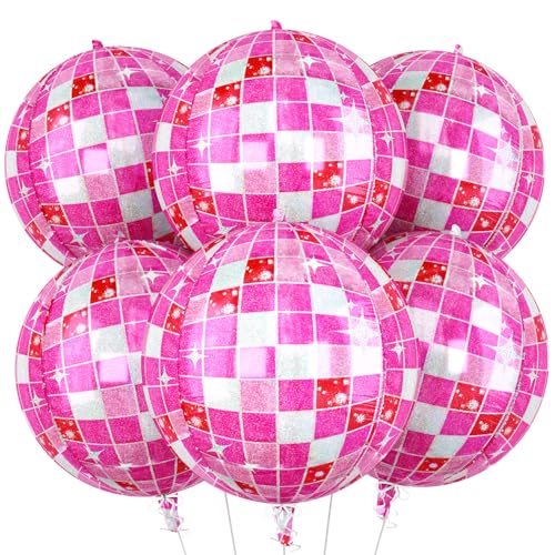 Paready 6-Pack 22-Inch Pink Disco Ball Balloons – 4D Foil Balloons for Party Decor