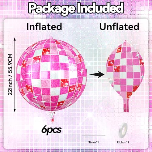 Paready 6-Pack 22-Inch Pink Disco Ball Balloons – 4D Foil Balloons for Party Decor