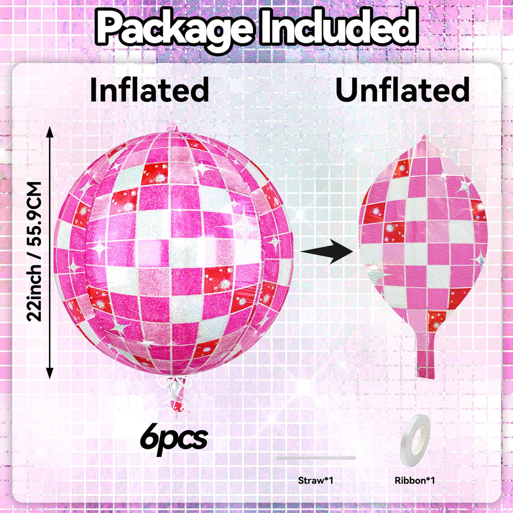 Paready 6-Pack 22-Inch Pink Disco Ball Balloons – 4D Foil Balloons for Party Decor