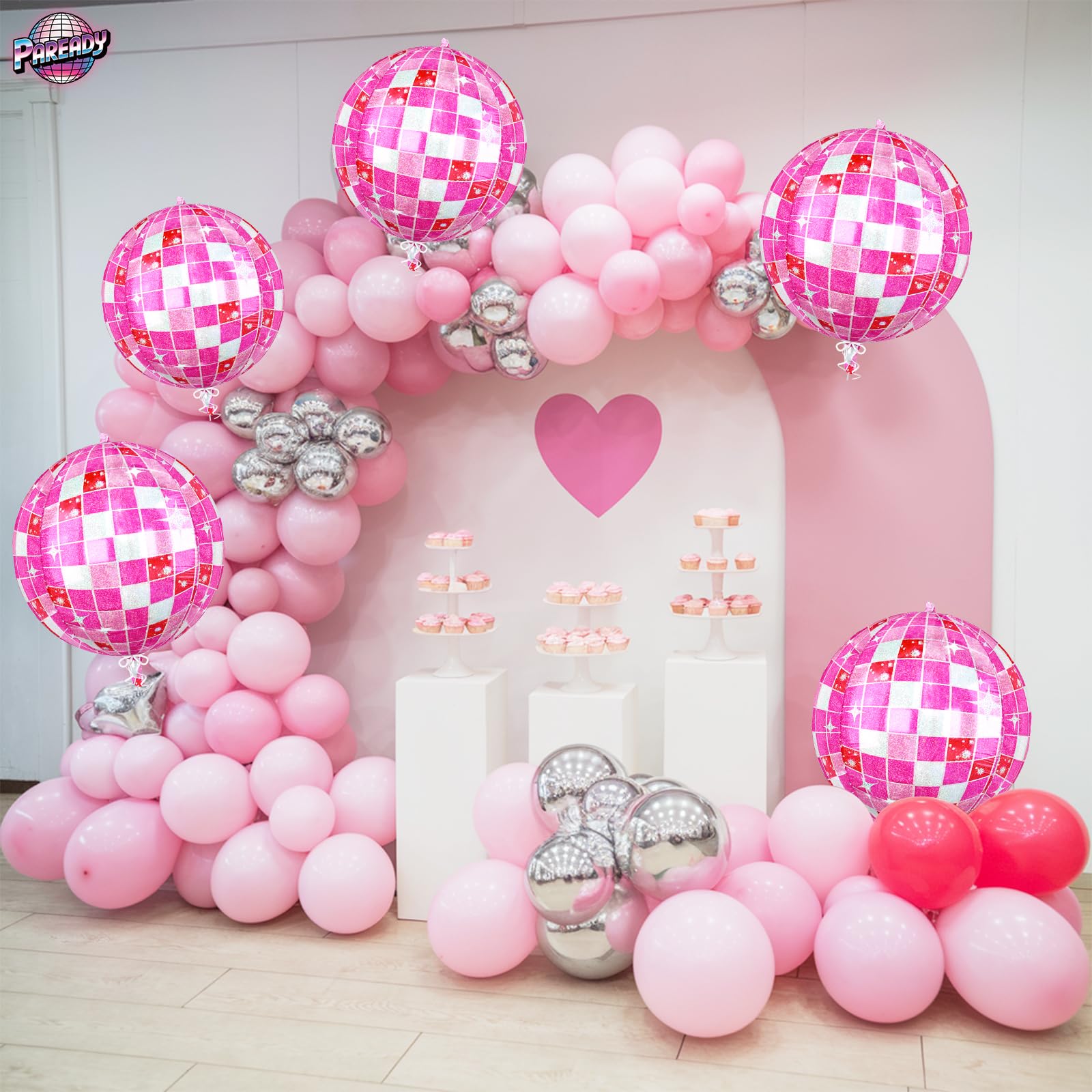 Paready 6-Pack 22-Inch Pink Disco Ball Balloons – 4D Foil Balloons for Party Decor
