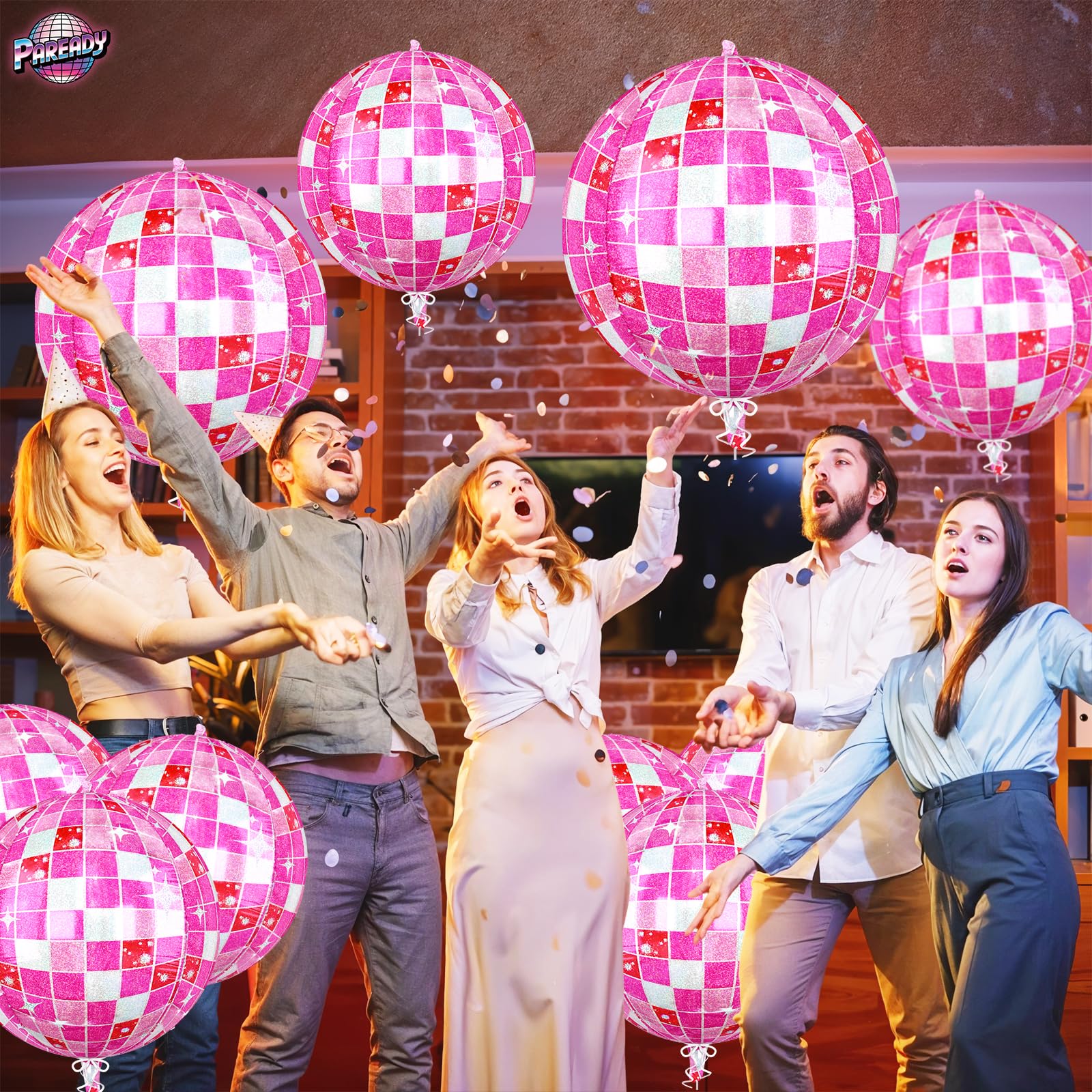 Paready 6-Pack 22-Inch Pink Disco Ball Balloons – 4D Foil Balloons for Party Decor