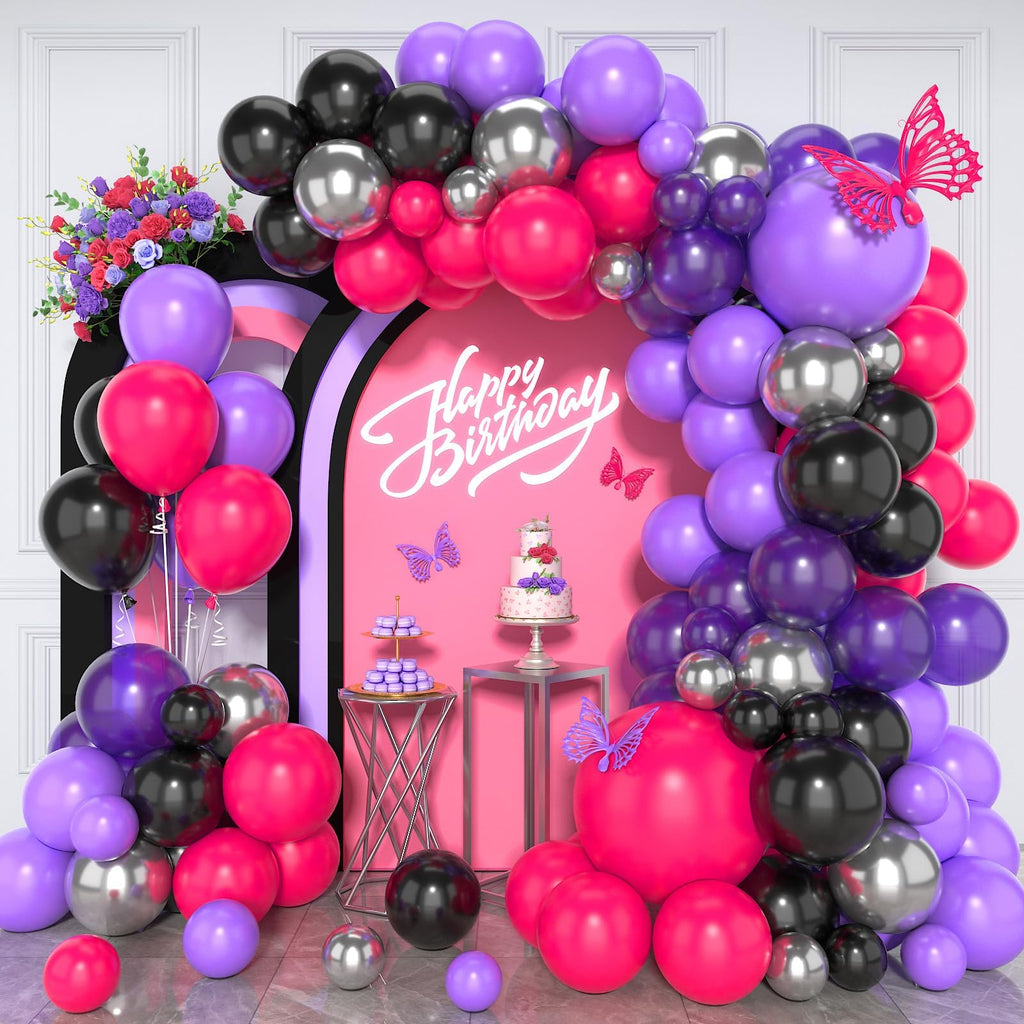 Paready Hot Pink Purple Black Balloon Arch Kit 125 Pieces for Birthday Baby Shower Wedding