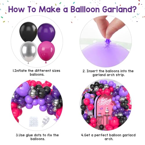 Paready Hot Pink Purple Black Balloon Arch Kit 125 Pieces for Birthday Baby Shower Wedding