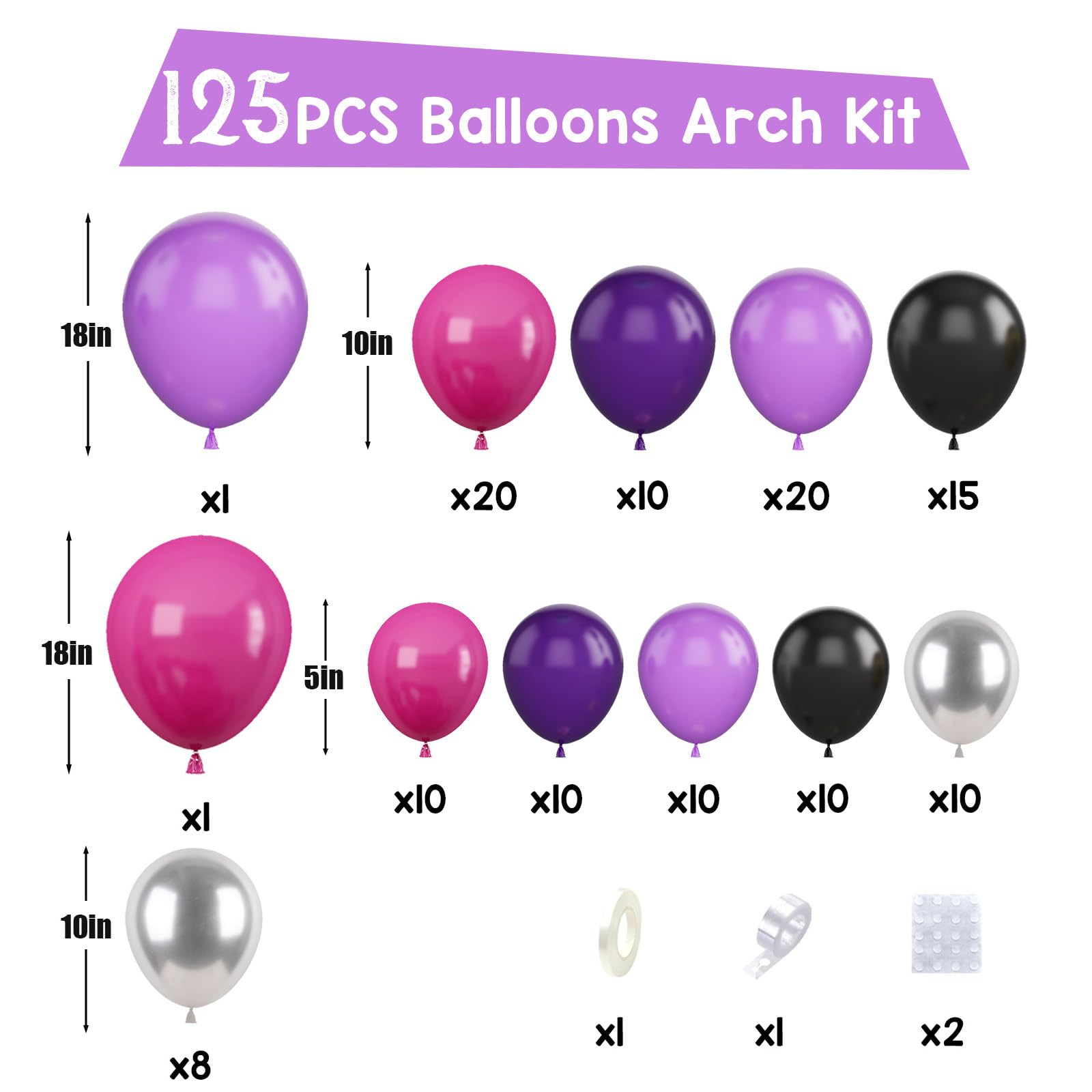 Paready Hot Pink Purple Black Balloon Arch Kit 125 Pieces for Birthday Baby Shower Wedding