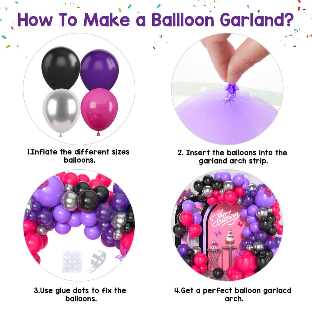 Paready Hot Pink Purple Black Balloon Arch Kit 125 Pieces for Birthday Baby Shower Wedding