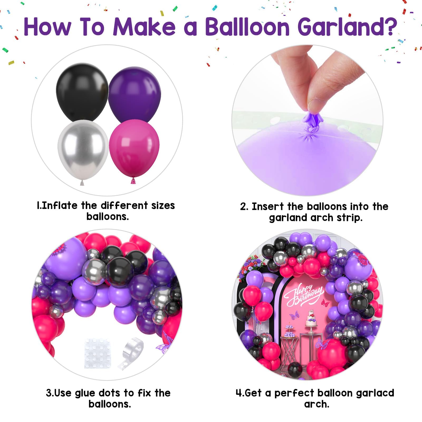 Paready Hot Pink Purple Black Balloon Arch Kit 125 Pieces for Birthday Baby Shower Wedding