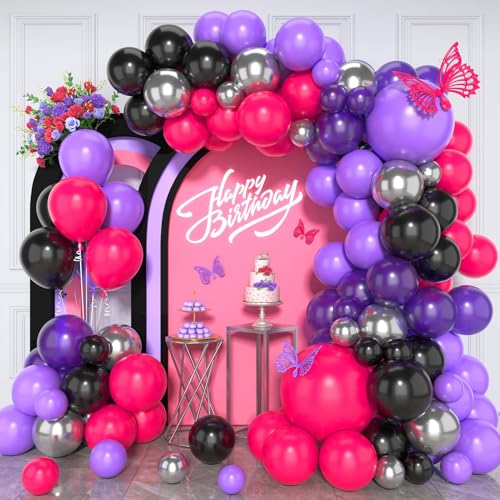 Paready Hot Pink Purple Black Balloon Arch Kit 125 Pieces for Birthday Baby Shower Wedding